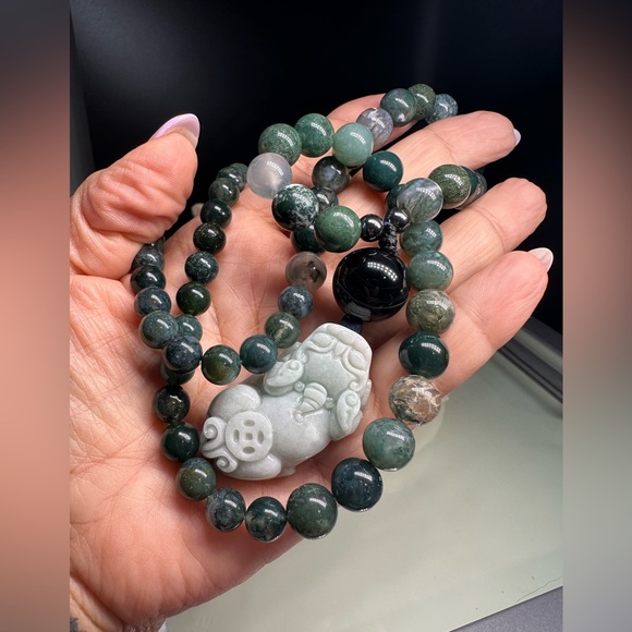 MOSS AGATE + ONYX + PIXIU JADE STONES NATURAL NECKLACE - Picture 9 of 14